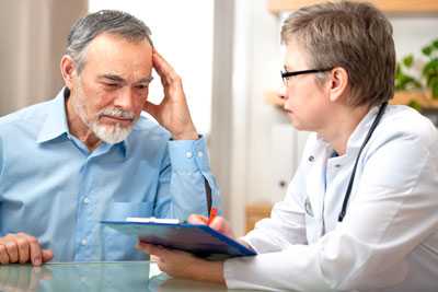 Disease detective asks a man questions and writes the answers down on a clip board. 