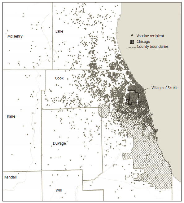 The figure shows residences of Illinois recipients of doses of influenza A (H1N1) 2009 monovalent vaccine administered by the Skokie Health Department  during October 16-December 31, 2009. In all, SHD administered or distributed
40,850 doses, in what evolved into a five-phase campaign that resulted in SHD administering influenza A (H1N1) 2009 monovalent vaccine to persons who resided far beyond the village boundaries.
