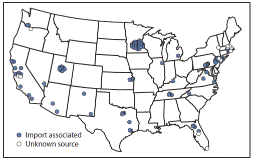 The figure above shows the distribution and origin of reported measles cases (N = 118) in the United States during January 1-May 20, 2011.