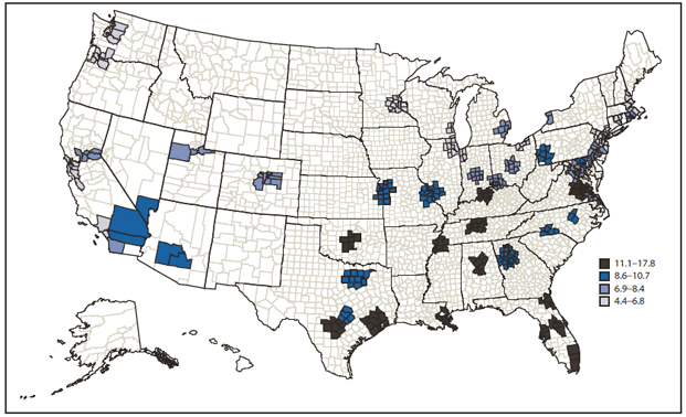 The figure is a map showing motor vehicle crash (MVC) death rates for the 50 most populous metropolitan statistical areas (MSAs) during 2009, according to the National Vital Statistics System and U.S. Census Bureau. The overall MVC death rate for all 50 MSAs combined was 8.2 per 100,000 residents, compared with a national rate of 11.1. Among the 50 MSAs, rates ranged from 4.4 to 17.8, and 37 (74%) of MSAs had rates lower than the overall national rate. Rates for MSAs generally were higher in southern states, with the highest rates concentrated in the southeastern United States.