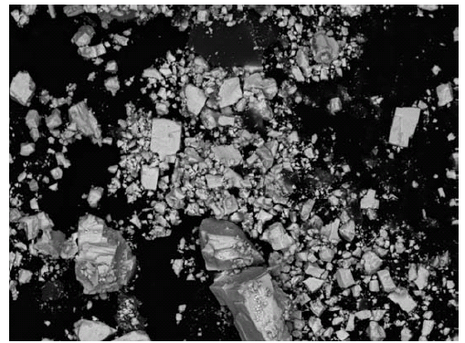 The figure shows scanning electron microscopy of the tiro eye cosmetic powder that was applied to the lead-poisoned child's eyelids in Boston, Massachusetts, during 2011, revealing the presence of cubic shapes and stair-step cleavage, both of which indicate presence of lead sulfide. Analysis of the tiro by the U.S. Geological Survey, using scanning electron microscopy, showed that the sample was dominated by lead sulfide, which has relatively low bioavailability.