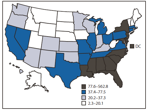 The figure shows prevalence rates of persons aged 13-24 years living with a diagnosis of HIV infection in the United States as of the end of 2009.  The prevalence of persons aged 13-24 years living with an HIV diagnosis was 69.5 per 100,000 population, ranging by state from 2.3 to 562.8 per 100,000.