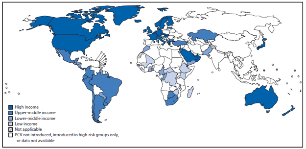 The figure shows countries that have introduced pneumococcal conjugate vaccines (PCV) in their national immunization programs, by income status, worldwide, during 2012. PCV was introduced in national immunization programs in 21 (60%) of 35 member states in the Americas Region, 11 (50%) of 22 member states in the Eastern Mediterranean Region, 26 (49%) of 53 member states in the European Region, 19 (41%) of 46 member states in the Africa Region, nine (33%) of 27 member states in the Western Pacific Region, and none of 11 member states in the Southeastern Asia Region. By income level, 36 (73%) of 50 high-income countries introduced PCV; proportions were lower for remaining income strata: 13 (37%) of 36 low-income, 18 (35%) of 52 lower-middle income, and 18 (34%) of 53 upper-middle income countries.