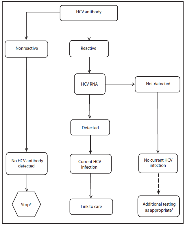 The figure shows recommended testing sequence for identifying current hepatitis C virus (HCV) infection. Testing for HCV infection begins with either a rapid or a laboratory-conducted assay for HCV antibody in blood. A nonre¬active HCV antibody result indicates no HCV antibody detected. A reactive result indicates one of the following: 1) current HCV infec¬tion, 2) past HCV infection that has resolved, or 3) false positivity. A reactive result should be followed by NAT for HCV RNA. If HCV RNA is detected, that indicates current HCV infection. If HCV RNA is not detected, that indicates either past, resolved HCV infection, or false HCV antibody positivity.