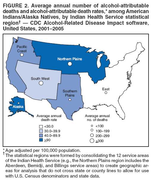 FIGURE 2. Average annual number of alcohol-attributable
deaths and alcohol-attributable death rates,* among American
Indians/Alaska Natives, by Indian Health Service statistical
region† — CDC Alcohol-Related Disease Impact software,
United States, 2001–2005