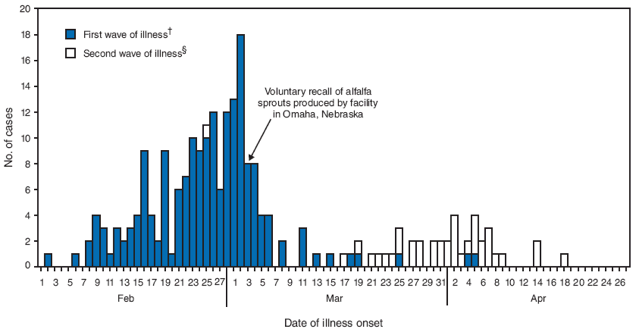 The figure shows the number of infections (N = 226*) with the outbreak strain of Salmonella Saintpaul associated with eating alfalfa sprouts, by date of illness onset. In mid-April, 42 additional case-patients with onset of illness beginning after March 15 were identified from Florida, Iowa, North Carolina, Michigan, Minnesota, Nebraska, Ohio, Pennsylvania, Utah, and West Virginia.