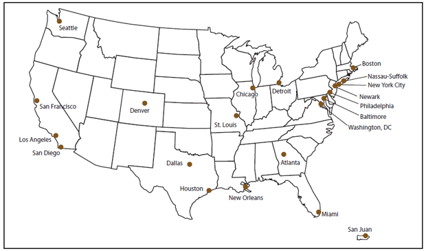 This figure is a map of the United States showing the 21 participating metropolitan statistical areas for the National HIV Behavioral Surveillance System (heterosexuals at increased risk for HIV infection), 2010: Atlanta, Georgia; Baltimore, Maryland; Boston, Massachusetts; Chicago, Illinois; Dallas, Texas; Denver, Colorado; Detroit, Michigan; Houston, Texas; Los Angeles, California; Miami, Florida; Nassau-Suffolk, New York; New Orleans, Louisiana; New York City, New York; Newark, New Jersey; Philadelphia, Pennsylvania; San Diego, California; San Francisco, California; San Juan, Puerto Rico; Seattle, Washington; St. Louis, Missouri; and Washington, DC.