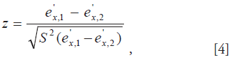 The fourth formula is used to determine disparities between the expected years of life free of activity limitations of two population subgroups of the same age group; such disparities can be tested by using a statistical method commonly used for testing the significance of a difference between two means where ex,1 and ex,2  are the expected years free of activity limitations of two different population subgroups of the same age x.