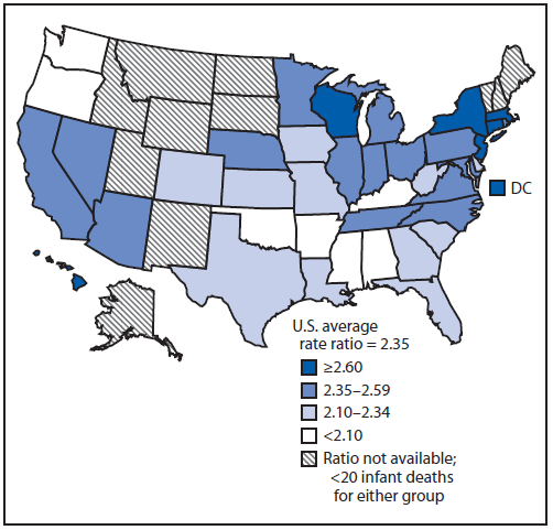 This figure is a map of the United States that presents the ratio of infant mortality rates for non-Hispanic black and non-Hispanic white infants by state during 2006-2008, as reported by the National Vital Statistics System, the National Center for Health Statistics, and CDC.