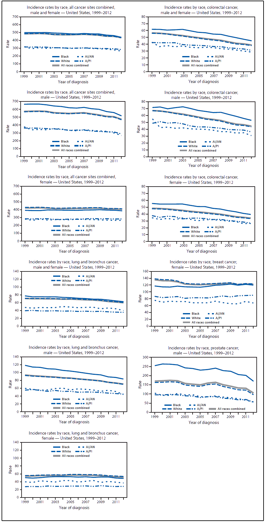 This figure presents 11 line charts showing, by race and sex, the age-adjusted rate per 100,000 persons of invasive cancer cases in the United States during 1999â€“2012. Rates are shown for males and females combined and separately for each sex for all cancer sites combined, colorectal cancer, and lung and bronchus cancer, and by race for male prostate cancer and female breast cancer.