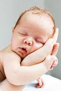 Baby sleeping in the palm of his mother's hand.