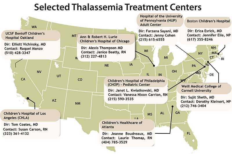 Map of Selected Thalassemia Centers: Atlanta, Boston, Chicago, Cornell University, Los Angeles, Oakland and Philadelphia