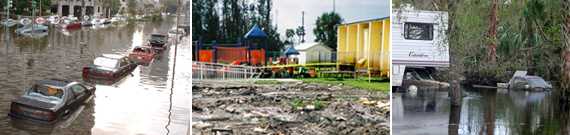 Photo collage: flooded cars [FEMA/Marty Bahamonde], playground after a flood, and a camper and truck in flood. 