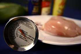 Photo of thermometer and raw chicken.