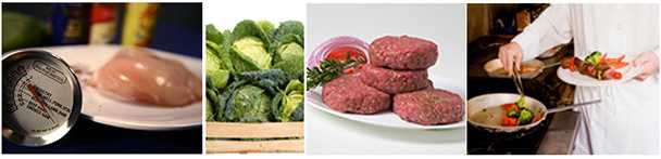 Photo collage: raw chicken with a thermometer, bin of heads of lettuce, raw beef patties on plate and a food worker preparing food.