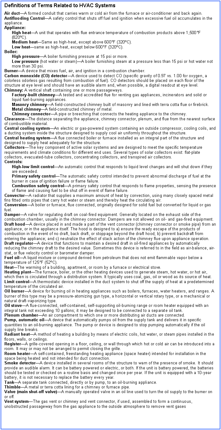 Text Box: Definitions of Terms Related to HVAC Systems
Air duct—A formed conduit that carries warm or cold air from the furnace or air-conditioner and back again.
Antiflooding Control—A safety control that shuts off fuel and ignition when excessive fuel oil accumulates in the appliance.
Appliance: 
High heat—A unit that operates with flue entrance temperature of combustion products above 1,500°F (820ºC).
Medium heat—Same as high-heat, except above 600°F (320ºC).
Low heat—same as high-heat, except below 600°F (320ºC).
Boiler:
High pressure—A boiler furnishing pressure at 15 psi or more.
Low pressure (hot water or steam)—A boiler furnishing steam at a pressure less than 15 psi or hot water not more than 30 psi.
Burner—A device that mixes fuel, air, and ignition in a combustion chamber.
Carbon monoxide (CO) detector—A device used to detect CO (specific gravity of 0.97 vs. 1.00 for oxygen, a colorless odorless gas resulting from combustion of fuel). CO detectors should be placed on each floor of the structure at eye level and should have an audible alarm and, when possible, a digital readout at eye level.
Chimney: A vertical shaft containing one or more passageways.
Factory-built chimney—A tested and accredited flue for venting gas appliances, incinerators and solid or liquid fuel-burning appliances.
Masonry chimney—A field-constructed chimney built of masonry and lined with terra cotta flue or firebrick.
Metal chimney—A field-constructed chimney of metal.
Chimney connector—A pipe or breeching that connects the heating appliance to the chimney.
Clearance—The distance separating the appliance, chimney connector, plenum, and flue from the nearest surface of combustible material.
Central cooling system—An electric or gas-powered system containing an outside compressor, cooling coils, and a ducting system inside the structure designed to supply cool air uniformly throughout the structure. 
Central heating system—A flue connected boiler or furnace installed as an integral part of the structure and designed to supply heat adequately for the structure.
Collectors—The key component of active solar systems and are designed to meet the specific temperature requirements and climate conditions for different end uses. Several types of solar collectors exist: flat-plate collectors, evacuated-tube collectors, concentrating collectors, and transpired air collectors.
Controls:
High-low limit control—An automatic control that responds to liquid level changes and will shut down if they are exceeded. 
Primary safety control—The automatic safety control intended to prevent abnormal discharge of fuel at the burner in case of ignition failure or flame failure.
Combustion safety control—A primary safety control that responds to flame properties, sensing the presence of flame and causing fuel to be shut off in event of flame failure.
Convector—A radiator that supplies a maximum amount of heat by convection, using many closely spaced metal fins fitted onto pipes that carry hot water or steam and thereby heat the circulating air.
Conversion—A boiler or furnace, flue connected, originally designed for solid fuel but converted for liquid or gas fuel.
Damper—A valve for regulating draft on coal-fired equipment. Generally located on the exhaust side of the combustion chamber, usually in the chimney connector. Dampers are not allowed on oil- and gas-fired equipment. 
Draft hood—A device placed in and made a part of the vent connector (chimney connector or smoke pipe) from an appliance, or in the appliance itself. The hood is designed to a) ensure the ready escape of the products of combustion in the event of no draft, back draft, or stoppage beyond the draft hood; b) prevent backdraft from entering the appliance; and c) neutralize the effect of stack action of the chimney flue upon appliance operation.
Draft regulator—A device that functions to maintain a desired draft in oil-fired appliances by automatically reducing the chimney draft to the desired value. Sometimes this device is referred to in the field as air-balance, air-stat, or flue velocity control or barometer damper. 
Fuel oil—A liquid mixture or compound derived from petroleum that does not emit flammable vapor below a temperature of 125°F (52ºC).
Heat—The warming of a building, apartment, or room by a furnace or electrical stove.
Heating plant—The furnace, boiler, or the other heating devices used to generate steam, hot water, or hot air, which then is circulated through a distribution system. It typically uses coal, gas, oil or wood as its source of heat.
Limit control—A thermostatic device installed in the duct system to shut off the supply of heat at a predetermined temperature of the circulated air.
Oil burner—A device for burning oil in heating appliances such as boilers, furnaces, water heaters, and ranges. A burner of this type may be a pressure-atomizing gun type, a horizontal or vertical rotary type, or a mechanical or natural draft-vaporizing type.
Oil stove—A flue-connected, self-contained, self-supporting oil-burning range or room heater equipped with an integral tank not exceeding 10 gallons; it may be designed to be connected to a separate oil tank.
Plenum chamber—An air compartment to which one or more distributing air ducts are connected.
Pump, automatic oil—A device that automatically pumps oil from the supply tank and delivers it in specific quantities to an oil-burning appliance. The pump or device is designed to stop pumping automatically if the oil supply line breaks.
Radiant heat—A method of heating a building by means of electric coils, hot water, or steam pipes installed in the floors, walls, or ceilings.
Register—A grille-covered opening in a floor, ceiling, or wall through which hot or cold air can be introduced into a room. It may or may not be arranged to permit closing the grille.
Room heater—A self-contained, freestanding heating appliance (space heater) intended for installation in the space being heated and not intended for duct connection.
Smoke detector—A device installed in several rooms of the structure to warn of the presence of smoke. It should provide an audible alarm. It can be battery powered or electric, or both. If the unit is battery powered, the batteries should be tested or checked on a routine basis and changed once per year. If the unit is equipped with a 10-year battery, it is not necessary to replace the battery every year. 
Tank—A separate tank connected, directly or by pump, to an oil-burning appliance.
Thimble—A metal or terra cotta lining for a chimney or furnace pipe.
Valve (main shut-off valve)—A manually operated valve in an oil line used to turn the oil supply to the burner on or off.
Vent system—The gas vent or chimney and vent connector, if used, assembled to form a continuous, unobstructed passageway from the gas appliance to the outside atmosphere to remove vent gases
