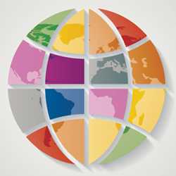 small square image showing a stylized illustration of colored shapes that form a globe