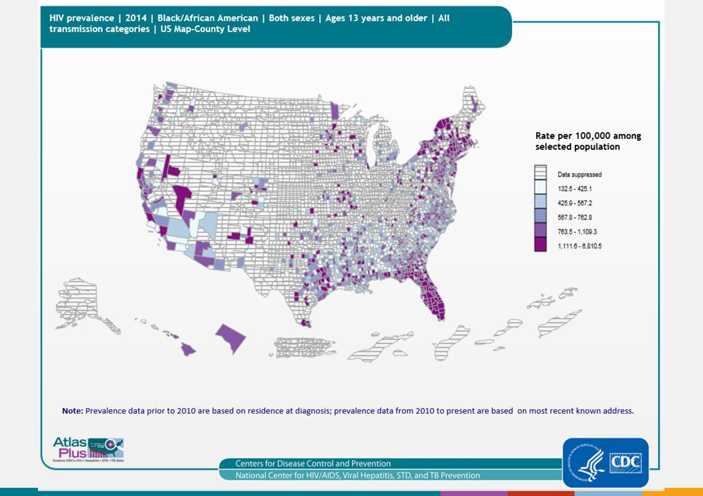 At the end of 2013, the highest rate (1,081.1) and the largest percentage (43%) were those among blacks/African Americans. County-level data can illustrate patterns of persons living with HIV infection within states, as well as cross-state patterns and networks affecting public health. As seen in the map, the highest rates are in California, and the southern and northeastern regions of the United States. As seen in the bar graph, rates were highest in the 45-54 age group.