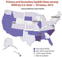 This graphic shows rates of primary and secondary syphilis infection among MSM in 44 states and was developed using preliminary 2015 national syphilis case report data and 2014 population estimates of the number of adult MSM by state. Researchers developed rates for the 44 states that reported the sex of partners for at least 70 percent of the men diagnosed with P&S syphilis in 2015. Estimates of syphilis rates among MSM vary from 73.1 per 100,000 in Alaska to 748.3 in North Carolina.