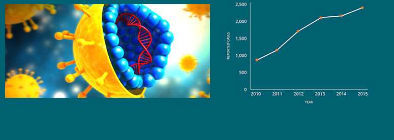 line graph illustrates the rise in hepatitis C infections since 2010. New hepatitis C infections have nearly tripled from 2010-2015, from 850 new cases in 2010 to 2,436 with illustration of the Hepatitis C virus