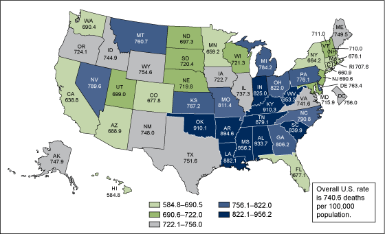 Figure 3 is a color-coded map showing death rates for each state and the District of Columbia for 2011