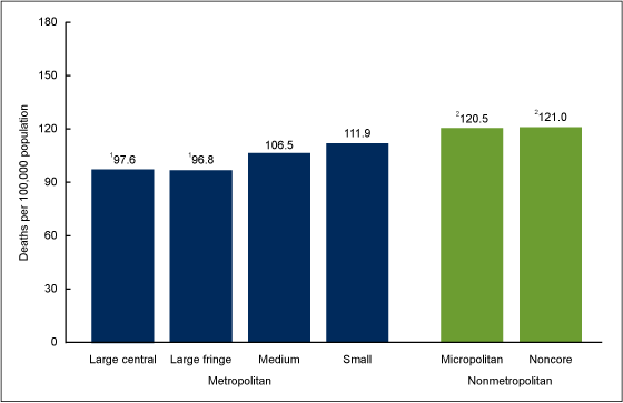 Figure 4 is a bar chart showing stroke death rates during 2010 through 2013 for persons aged 45 and over by the urbanization level of where they live