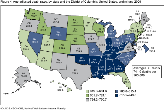 Figure 4 is a United States map showing age-adjusted death rates by state and the District of Columbia for 2009 