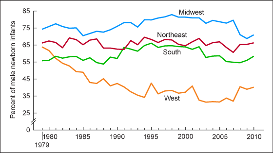 Figure 2 is a line graph showing rates of circumcision on male newborns during the birth hospitalization by geographic region from 1979 through 2010.