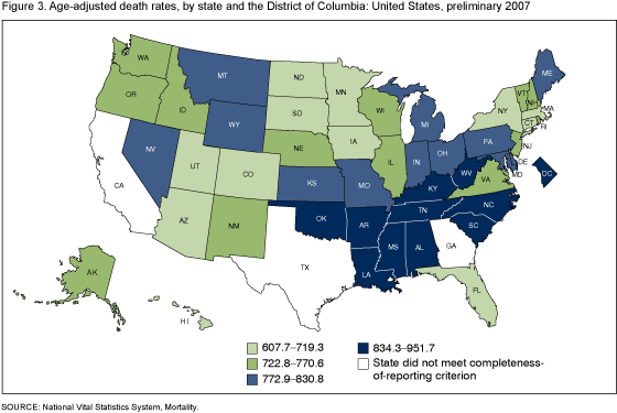 Figure 3 shows a map of the United States with colors for each state and the District of Columbia identifying low, average, and high risk of mortality in 2007.