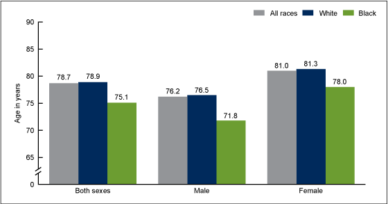 Figure 2 is a bar chart showing life expectancy at birth in the United States by race and sex for 2010