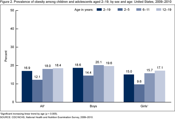 Figure 2 is a bar chart showing the prevalence of obesity among children and adolescents aged 2–19 years by sex and age in the United States in 2009–2010.