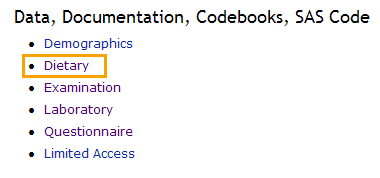 screenshot of NHANES page with Dietary link highlighted