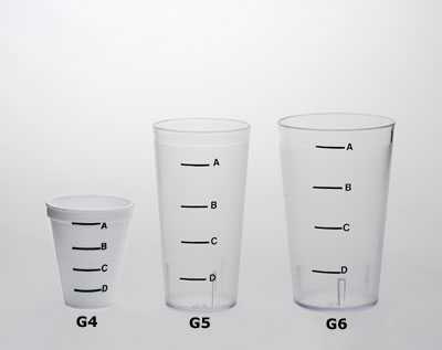 	Three glasses of varying heights and volume. From left to right: G4, G5, G6