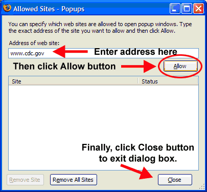 screenshot of Firefox's dialog box to allow pop-ups