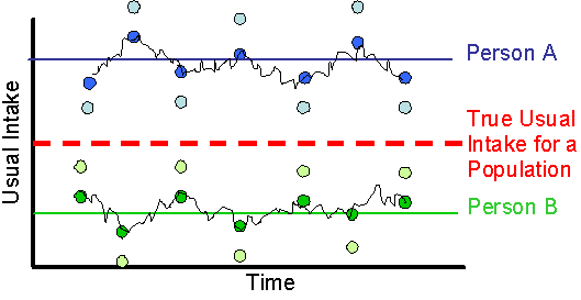 line chart showing difference between Person A's (top) and Person B's (bottom) usual intake and the population's usual intake (dashed line in the middle) over time.