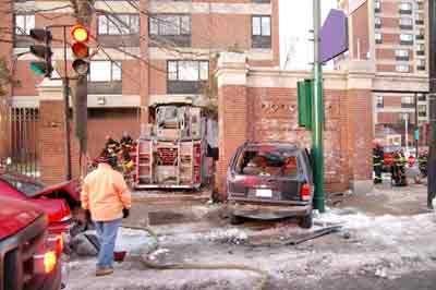 Fire truck crashed into front of building