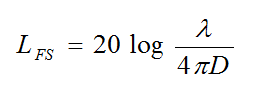 Equation B13 - The free-space loss L sub FS in dB equals 20 times the logarithm of open bracket open bracket the wavelength lamda of the receive frequency close bracket divided by open bracket 4 times pi times the distance D between antennas in meters close bracket close bracket.