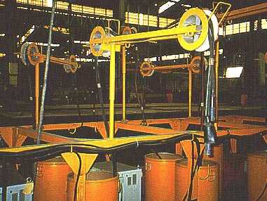 	Welding unit with electric cable over pulleys