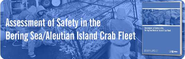 Image of crab fishermen pulling pot of Opilio crab onboard vessel with image of report cover.