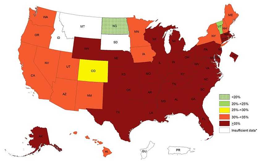 Prevalence of Self-Reported Obesity Among Non-Hispanic Black Adults by State and Territory, BRFSS, 2014-2016. Map details in table below