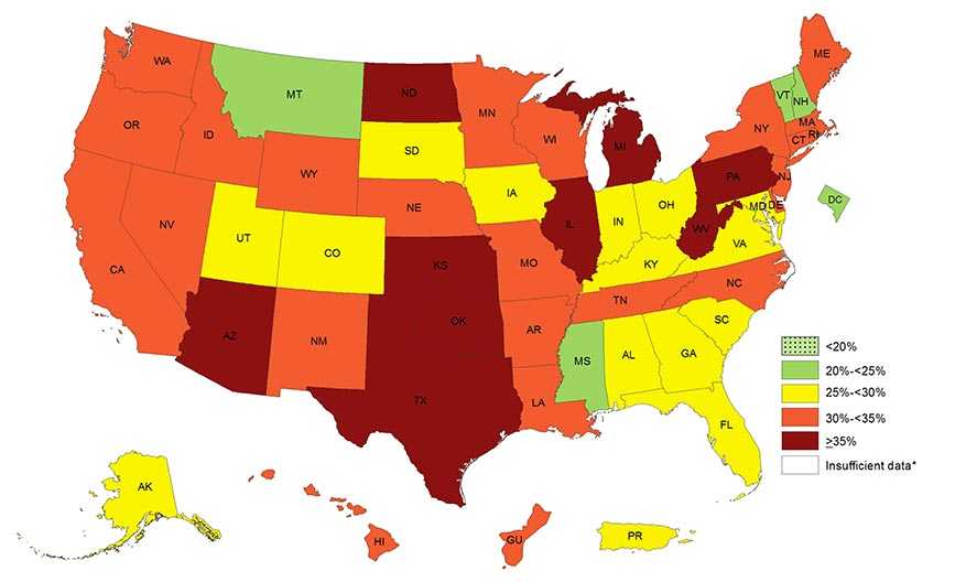 Prevalence of Self-Reported Obesity Among Hispanic Adults by State and Territory, BRFSS, 2014-2016. Map details in table below