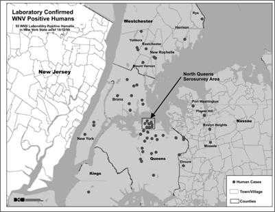 Spot map showing a cluster of human cases in North Queens, New York.