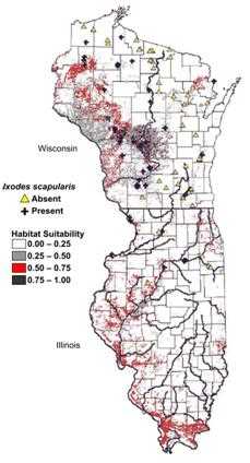 Detailed spot map using color and symbols to show areas of habitat suitability.