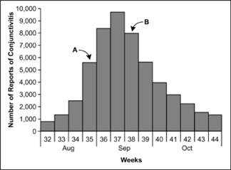 Epi curve showing an increase in cases past point A and a decrease in cases after point B.