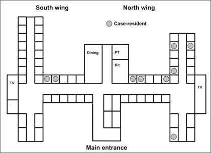 A floor plan of a building. Rooms of case patients are indicated by a dot.