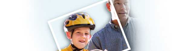 Graphic of child with a helmet riding his bike next to his father.