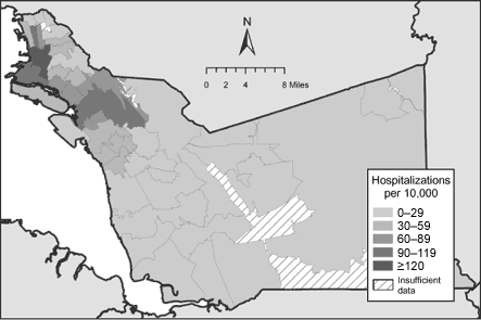 This map depicts more hospitalization rates per 10,000 children aged 0 to 14 in the northwest region of Alameda County, California.