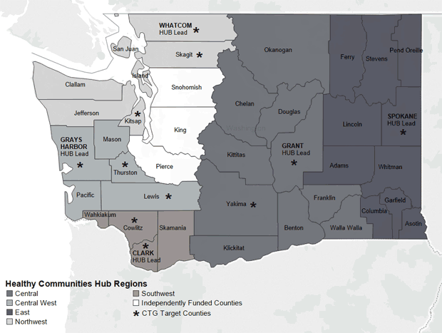 	Regions used for Community Transformation Grant (CTG) implementation in Washington State, 2011–2014.