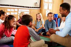 Elementary children sitting in a circle.