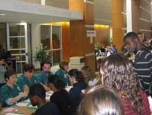 Aspiring doctors at the University of Rochester’s School of Medicine and Dentistry wait for an evaluation during the Deaf Strong Hospital role-playing exercise